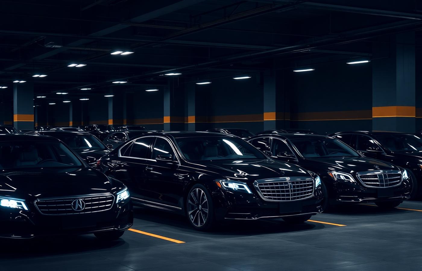 Row of black luxury vehicles in a corporate parking hall