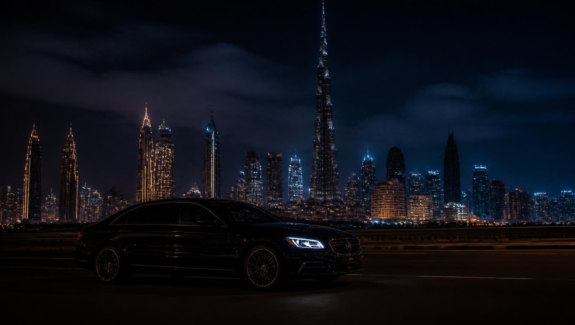 Luxury executive sedan on a Dubai road at night with the city skyline behind